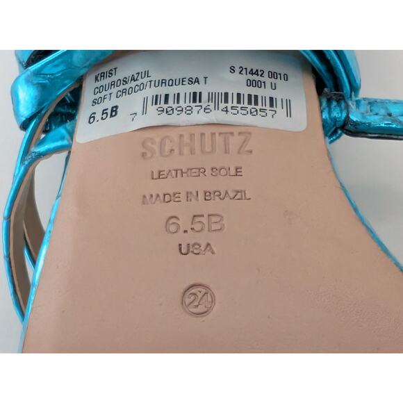 NWOB Schutz Lily Metallic Leather High Heel Sandal Turquoise Blue Size 6.5 B - Picture 9 of 10
